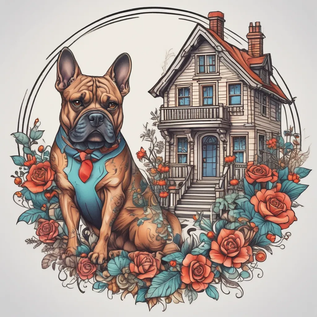 House and dog. Coloured, tailor style टैटू