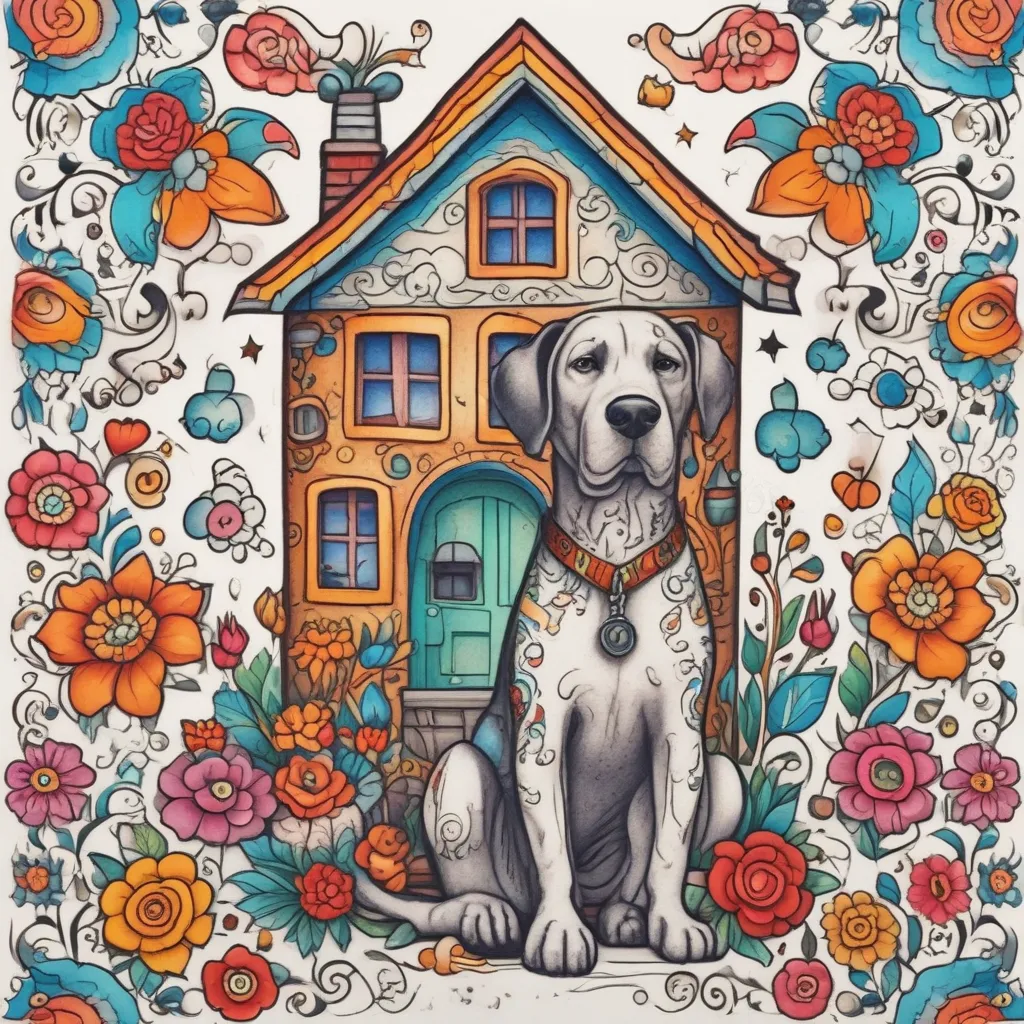 House and dog, colourful  tatuering