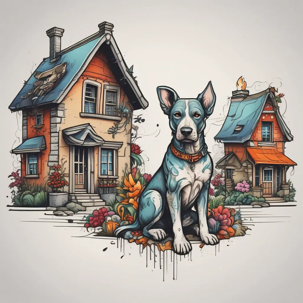 House and homeless dog, colored tatuointi