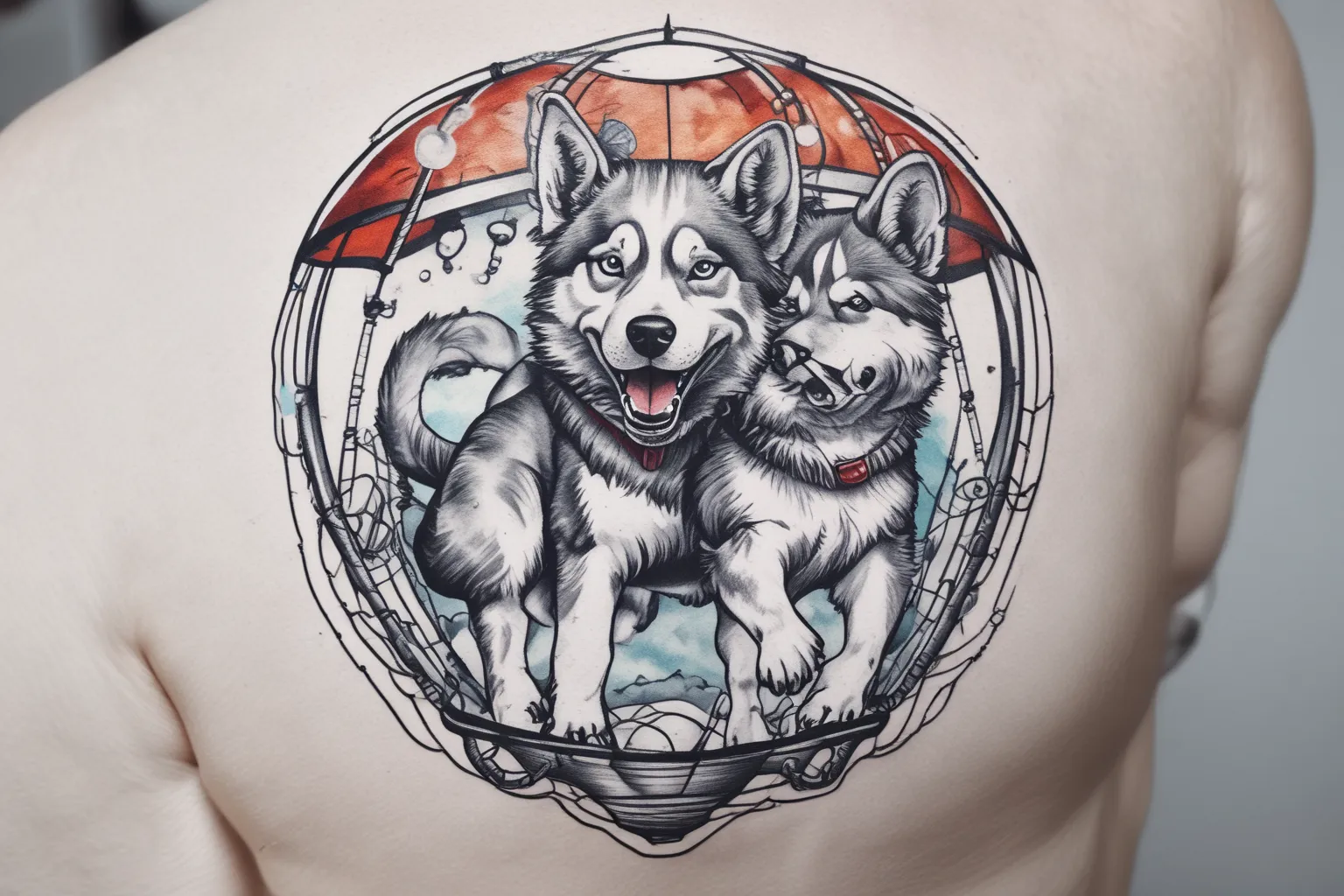 Husky flying in a round parachute tatuaje