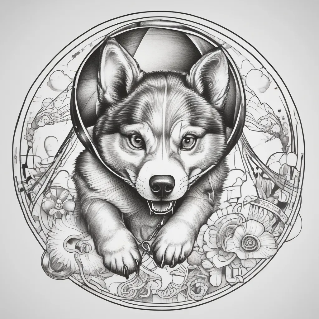 Husky flying in a round parachute tattoo