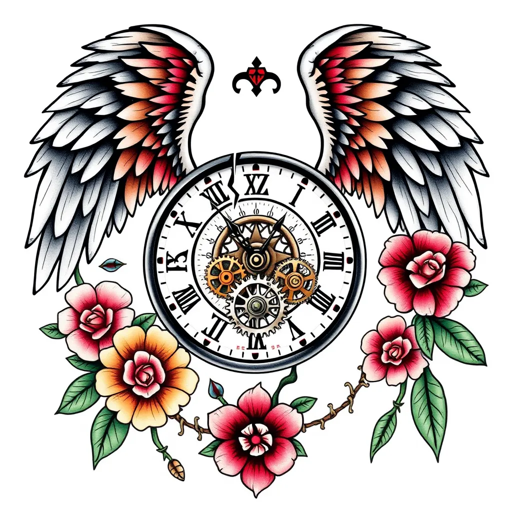 'd like the focal point to be a broken clock. I like the gears in the middle of the clock. Possibly some wings at the top, but subtle, not huge wings. I would like some more fill other than just flowers, but no "tribal" or barbed wire. Possibly adding the Italian wording "Nessuna promessa di domani" somewhere. Going for a masculine tone/style. टैटू