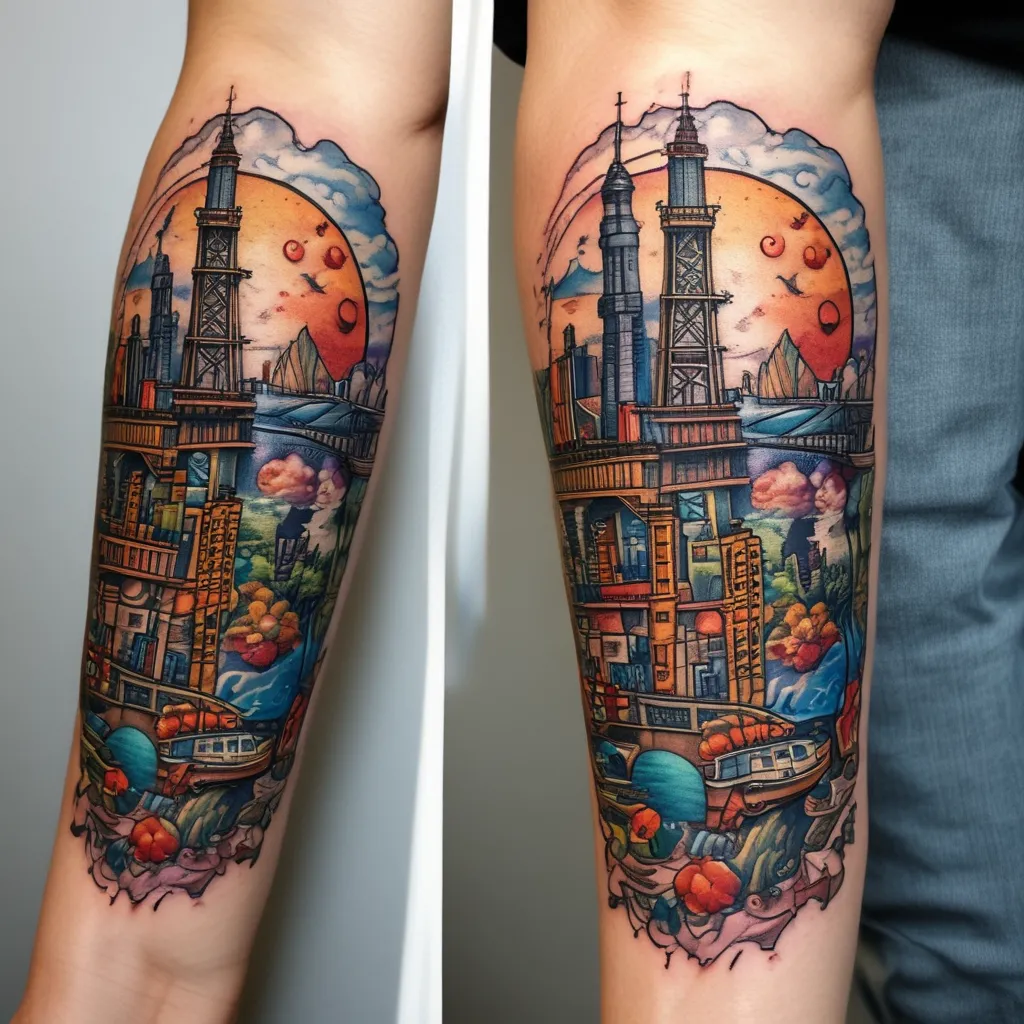 I half the tattoo Inc. the Golden Gate Bridge, and the space needle with the cable car in the foreground color tattoo tatuering