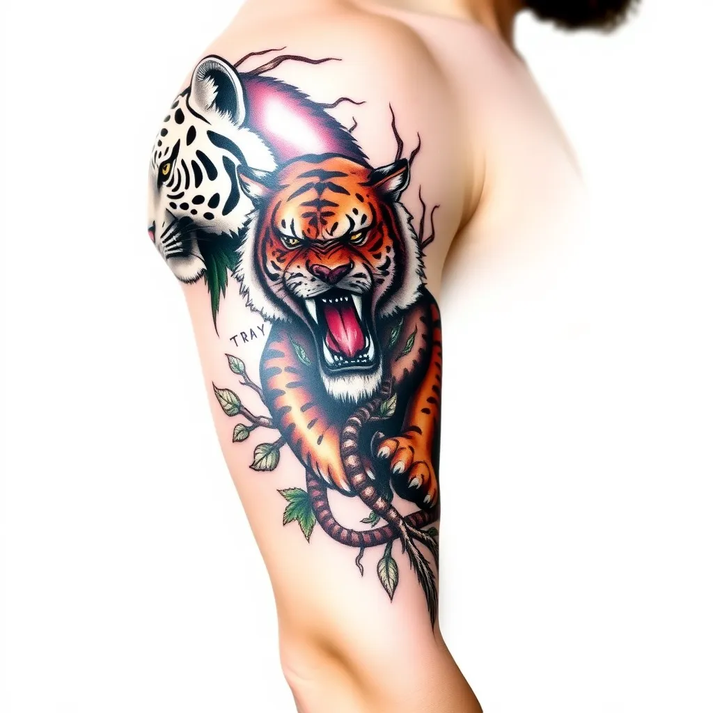 hat, tenho uma tatuagem no braço composta por um tigre nos trissepes outro tigre no braço lado de fora e kratos no lado de baixo do bissipes e a medusa no anti braço, gostaria de uma ideia para terminar a tatuagem sendo que falta uma tira de fora a fora do braço, a ideia seria interligalas com um cenario de selva com o cenario do jogo, crie uma imagem do cenario  tatuaż