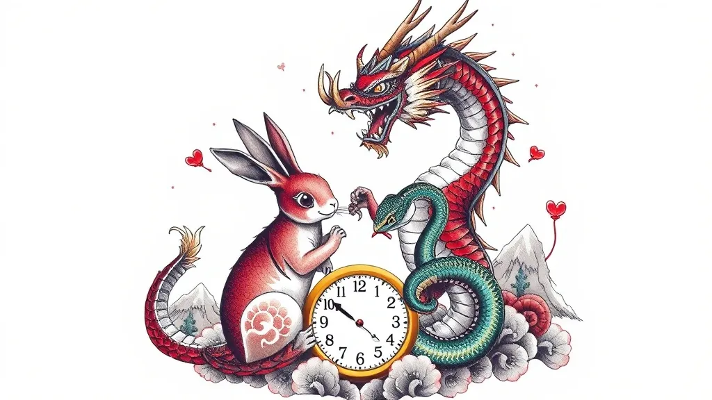 (我需要设计一个纹身的图案。要求半胛纹身（胸及肩和上手臂区域内形成的整体图型），题材是父爱如山:,我属龙,妻子属兔,孩子属蛇,要求图案中有钟表形状显示孩子的出生年月日,孩子的生日是2025年11月25日。 tatuaż
