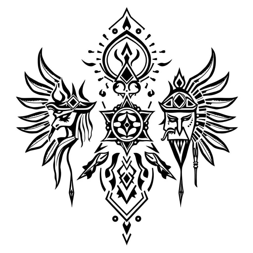 Necesito que me ayudes a crear un tatuaje personalizado que contenga los símbolos de los dioses guerreros de los orishas. Necesito que esten combinados ya que juntos son muy fuertes y ellos son eleguá, oshosi y osun. 문신