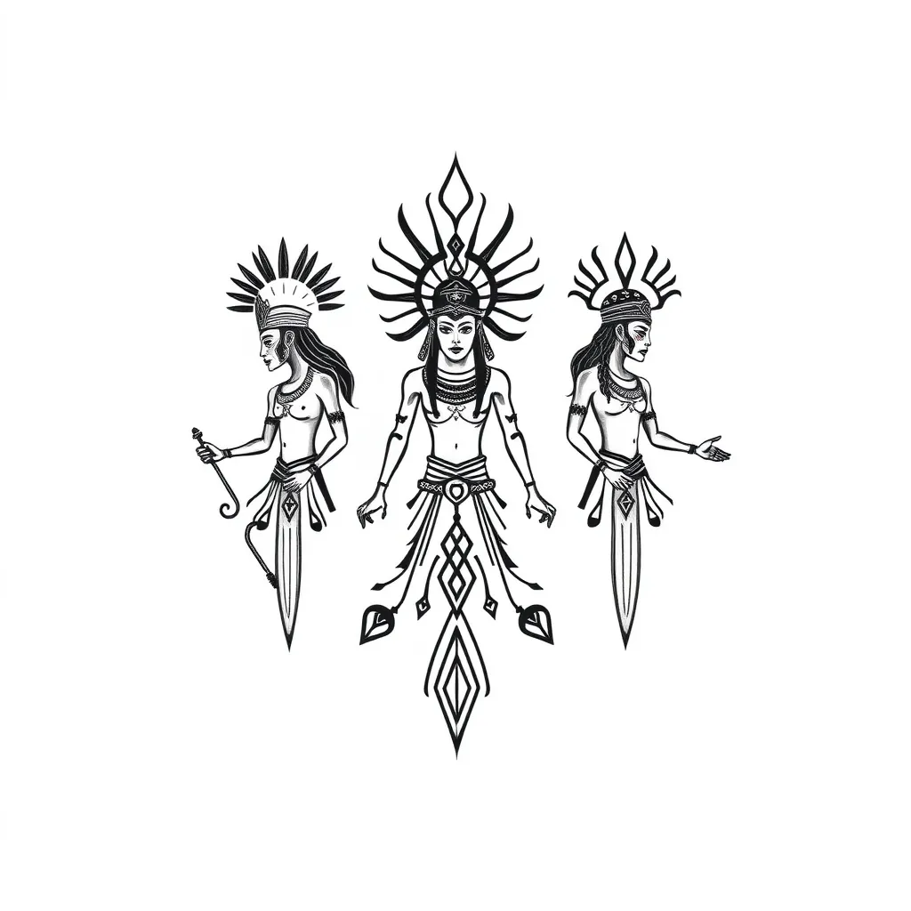 Necesito que me ayudes a crear un tatuaje personalizado que contenga los símbolos de los dioses guerreros de los orishas. Necesito que esten combinados ya que juntos son muy fuertes y ellos son eleguá, oshosi y osun. tattoo