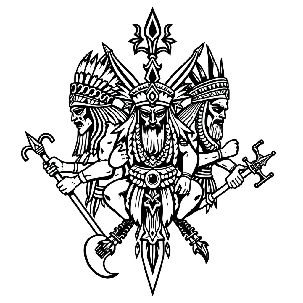 Necesito que me ayudes a crear un tatuaje personalizado que contenga los símbolos de los dioses guerreros de los orishas con sus herramientas. Necesito que esten combinados ya que juntos son muy fuertes y ellos son eleguá, oshosi y osun. tatoeage