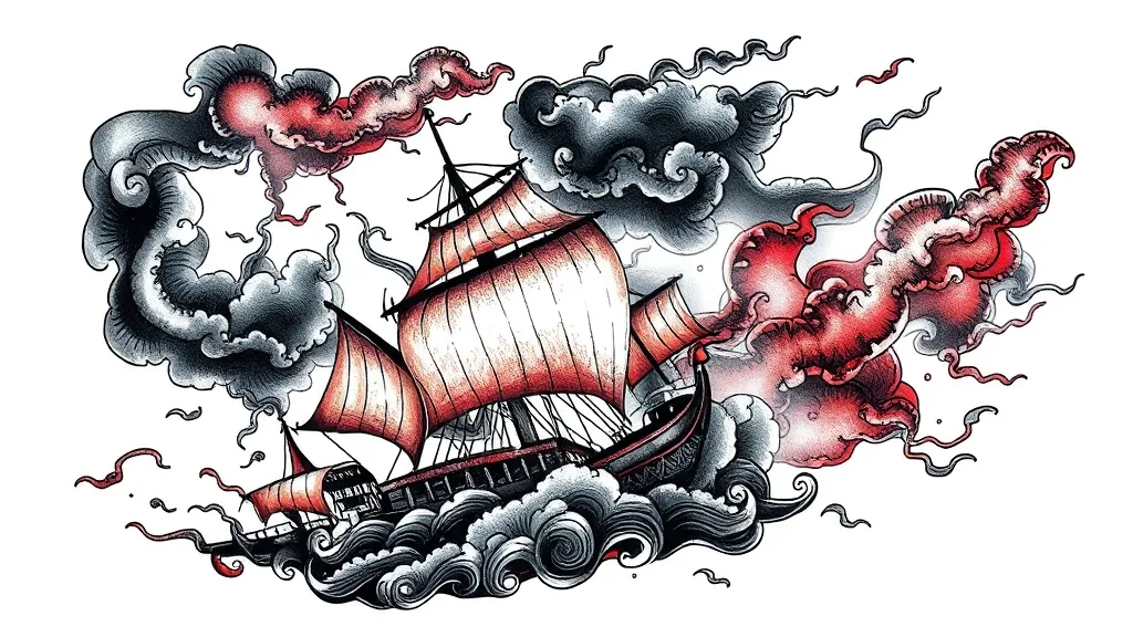 necesito que generes una imagen de como quedaría el siguiente tatuaje: en el brazo, de unos 50 cms, que vaya desde el hombro hasta la parte baja del codo. quiero un buque de guerra antiguo, solo con tinta negra, no muy cargado, con unos detalles sutiles de una tormenta eléctrica tatuaje