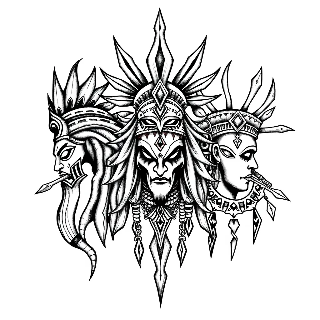 Necesito que me ayudes a crear un tatuaje personalizado que contenga los símbolos de los dioses guerreros de los orishas. Necesito que esten combinados ya que juntos son muy fuertes y ellos son eleguá, oshosi y osun. Tätowierung