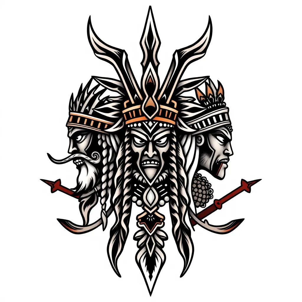 Necesito que me ayudes a crear un tatuaje personalizado que contenga los símbolos de los dioses guerreros de los orishas. Necesito que esten combinados ya que juntos son muy fuertes y ellos son eleguá, oshosi y osun. Tätowierung