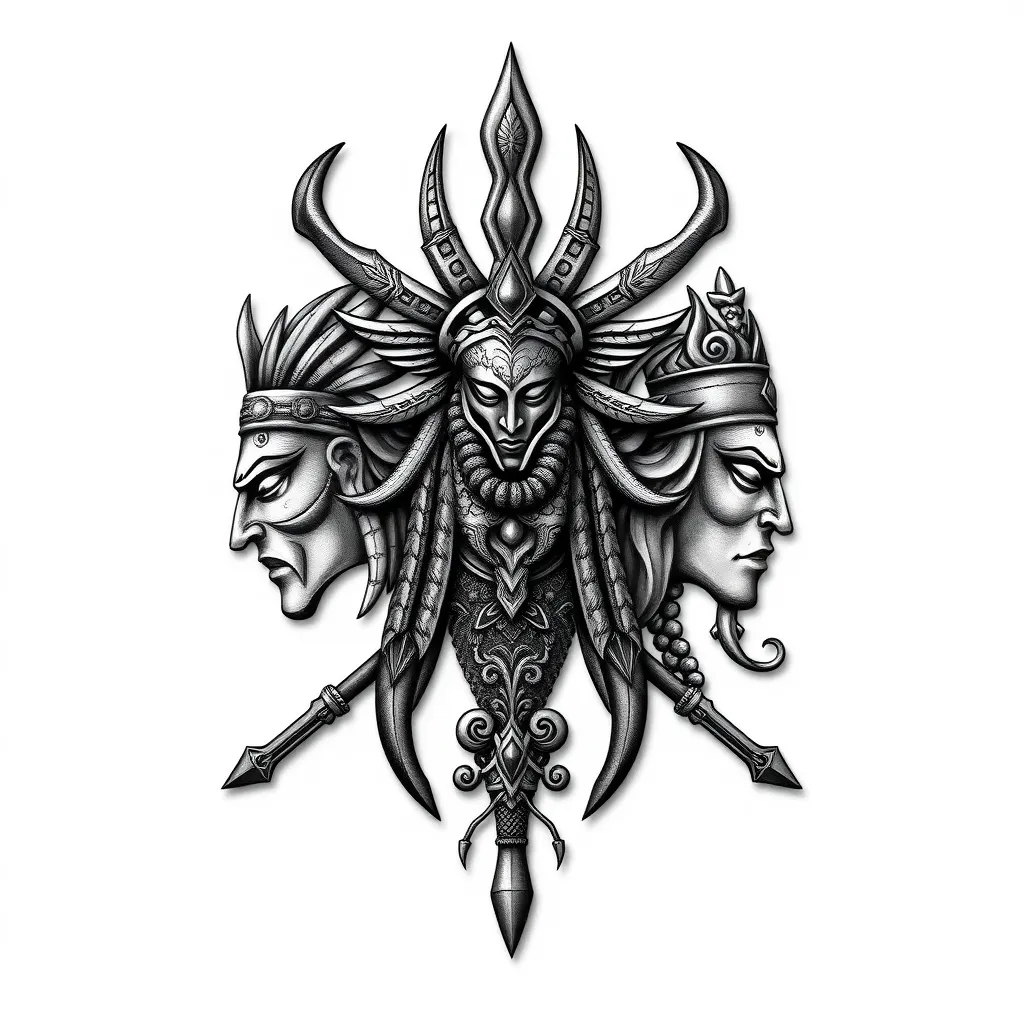 Necesito que me ayudes a crear un tatuaje personalizado que contenga los símbolos de los dioses guerreros de los orishas. Necesito que esten combinados ya que juntos son muy fuertes y ellos son eleguá, oshosi y osun. татуировка