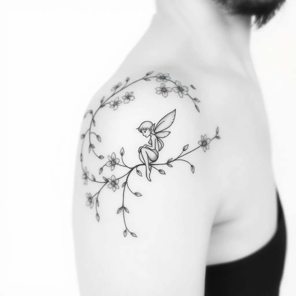 Je souhaite un tatouage délicat et élégant, composé d’une liane florale ultra-fine qui s’enroule autour de l’épaule et descend légèrement sur le haut du bras. Les fleurs doivent être petites et minimalistes, avec des feuilles légères pour donner un effet naturel et aérien.

Un elfe doit être subtilement intégré dans le design, presque camouflé parmi les fleurs et les courbes de la liane. L’elfe doit avoir un style fin, poétique et raffiné, avec des ailes discrètes et une posture gracieuse. Je souhaite que l’ensemble soit monochrome, avec des lignes très fines et des ombrages légers pour un effet doux et minimaliste. tatouage