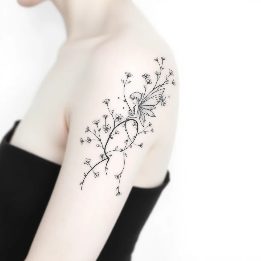 Je souhaite un tatouage délicat et élégant, composé d’une liane florale ultra-fine qui s’enroule autour de l’épaule et descend légèrement sur le haut du bras. Les fleurs doivent être petites et minimalistes, avec des feuilles légères pour donner un effet naturel et aérien.

Un elfe doit être subtilement intégré dans le design, presque camouflé parmi les fleurs et les courbes de la liane. L’elfe doit avoir un style fin, poétique et raffiné, avec des ailes discrètes et une posture gracieuse. Je souhaite que l’ensemble soit monochrome, avec des lignes très fines et des ombrages légers pour un effet doux et minimaliste. tatouage