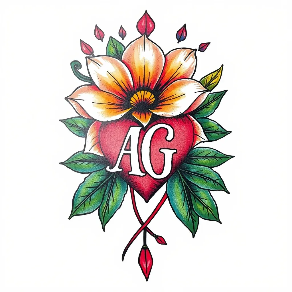 Quiero una flor y que tenga las iniciales AG alrededores un corazón tatuaż