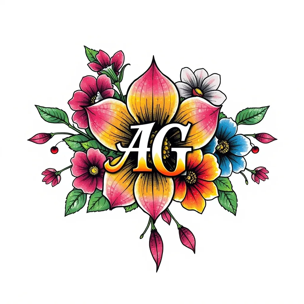 Quiero una flor que tenga las iniciales AG y alrededor unas flores tatuaje