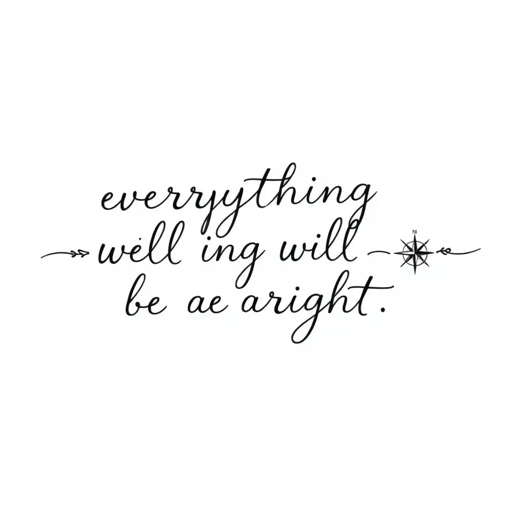 i want a handwriting saying "andrà tutto bene". on both ends of the text, i want a small line connected to a small compass rose. tatuaggio