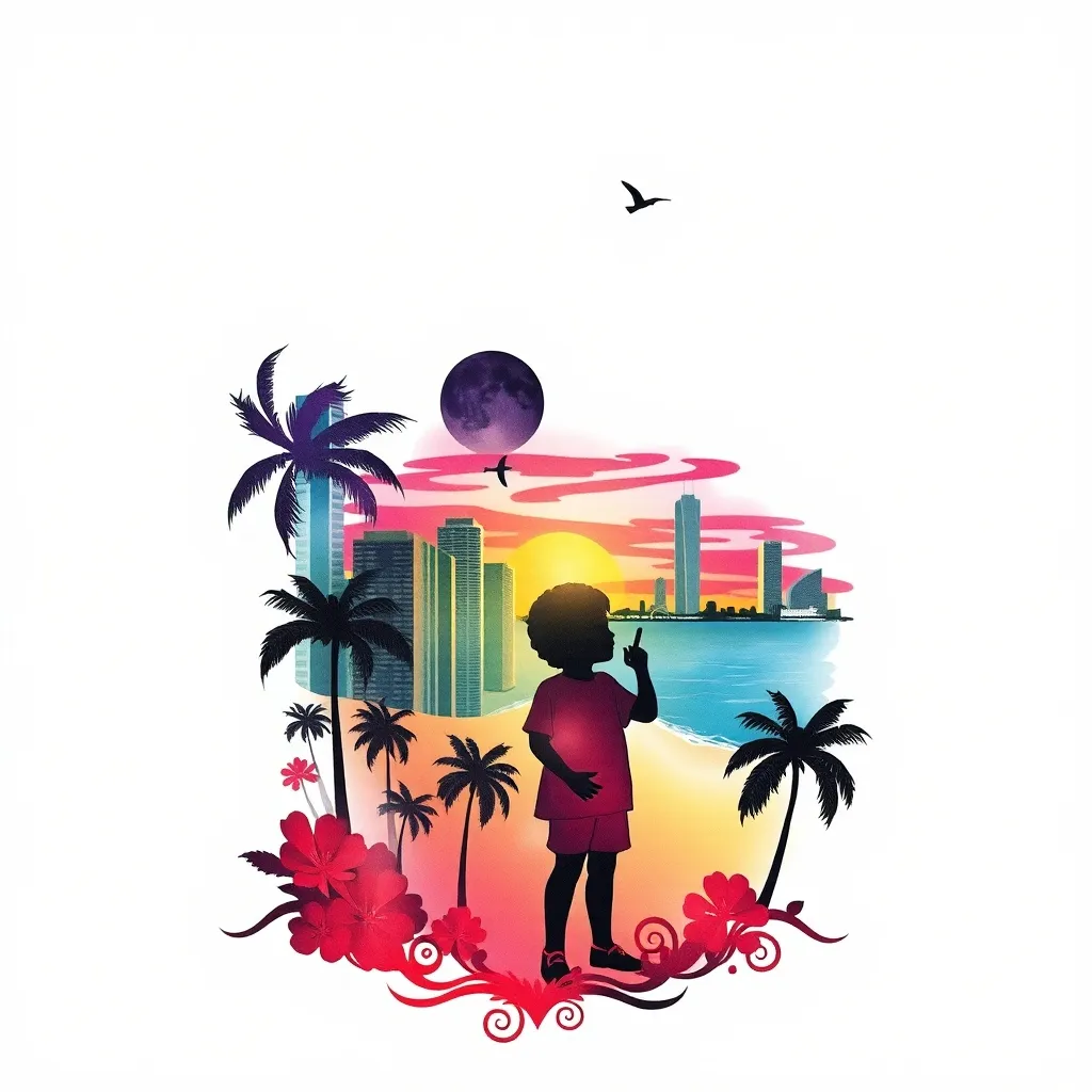 Quiero la silueta mía junto a mi hijo que esté mi misma aporte con un fondo de Miami टैटू