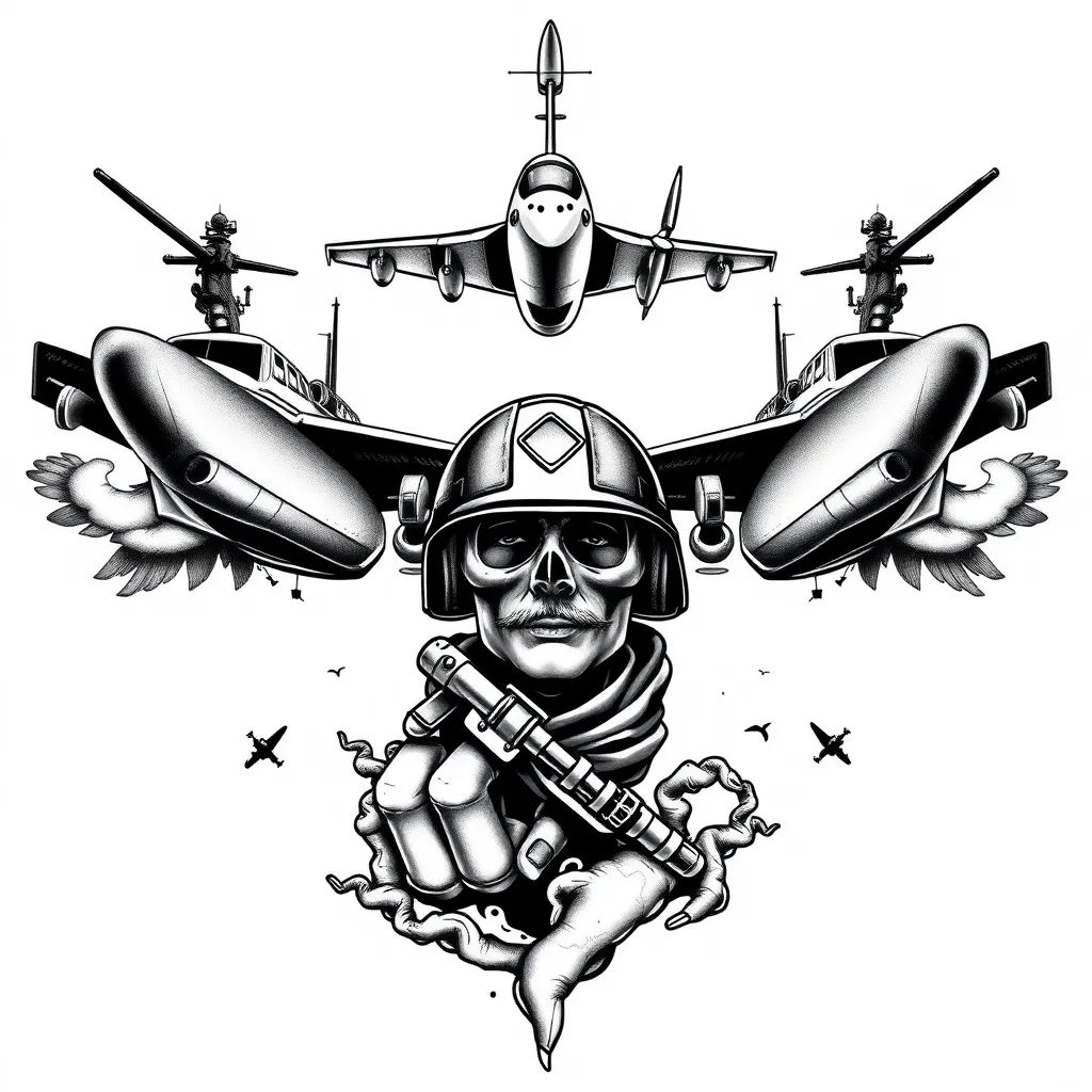 ejemplo de tatuaje surrealista quiero un tatuaje con un soldado en la mitad, que salgan dos buques de guerra por cada lado, que un avión de combate este volando por encima del soldado, a blanco y negro, perspectiva desde abajo, que imponga fuerza, que simbolice la relación de dos hermanos tattoo