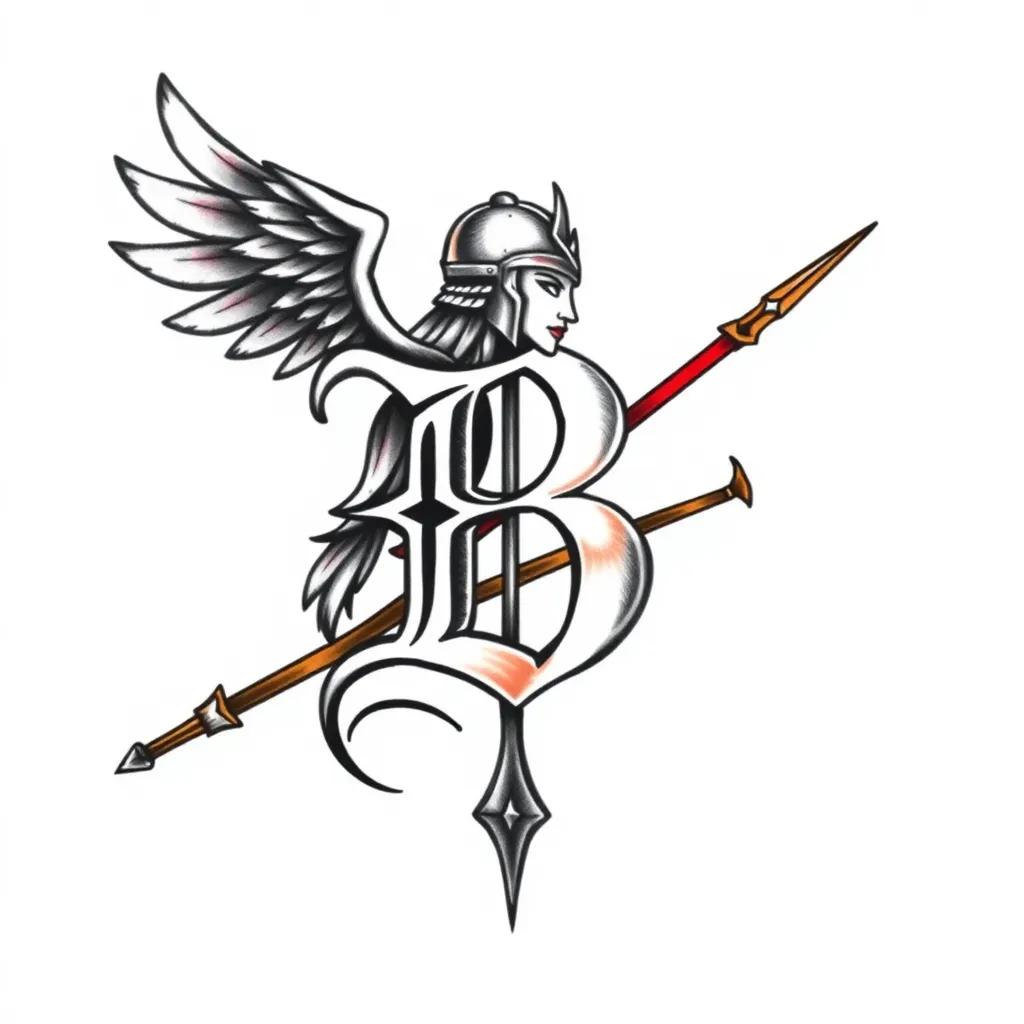 I want a tatoo design. It's a letter B shaped into a valkyrie with her winged helm and lance. Minimalistic style and not too big. tattoo