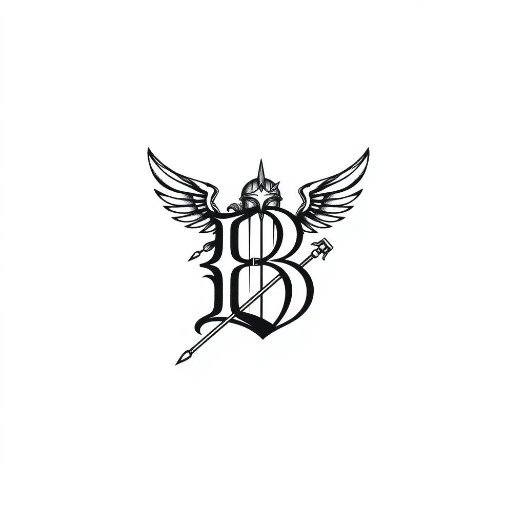 I want a tatoo design. It's a letter B shaped into a valkyrie with her winged helm and lance. Minimalistic style and not too big. tattoo