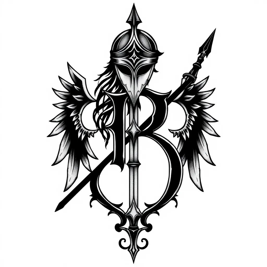 I want a tatoo design. It's a letter B shaped into a valkyrie with her winged helm and lance. Minimalistic style and not too big. tattoo