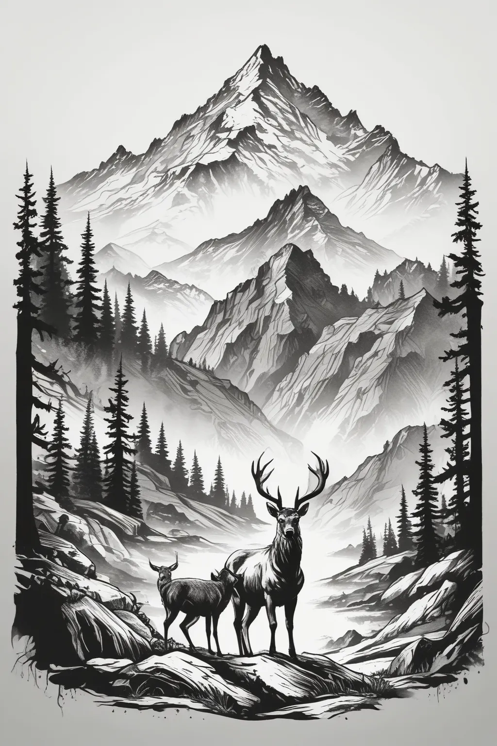 I want a tattoo for my forearm of the scene where Arthur Morgan from the game Red Dead Redemption 2 dreams of a deer. Black and white with one color accent in the sketch or Rockstar art style. The silhouette of Arthur should be drawn from behind, with the deer standing on the mountain looking at him. τατουάζ