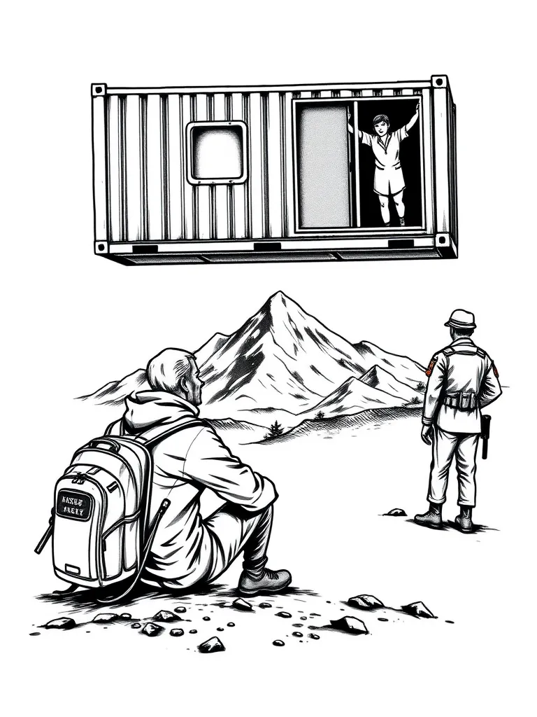 I want a tattoo of a distant mountain, positioned in a way that allows space for a figure of a migrant sitting on the ground with despair, leaning on a backpack, and gazing at the mountain sorrowfully. Nearby, there are two soldiers standing next to a container with two windows and a door. From one of the windows, a person extends their hands, looking out.

 татуировка