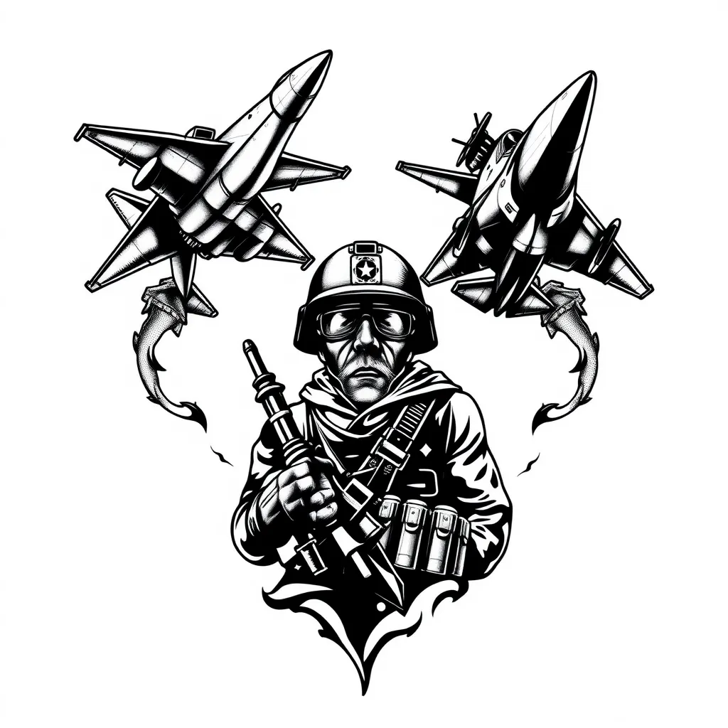 quiero un tatuaje con un soldado en la mitad, que salgan dos buques de guerra por cada lado, que un avión de combate este volando por encima del soldado, a blanco y negro, perspectiva desde abajo, que imponga fuerza, que simbolice la relación de dos hermanos  tattoo