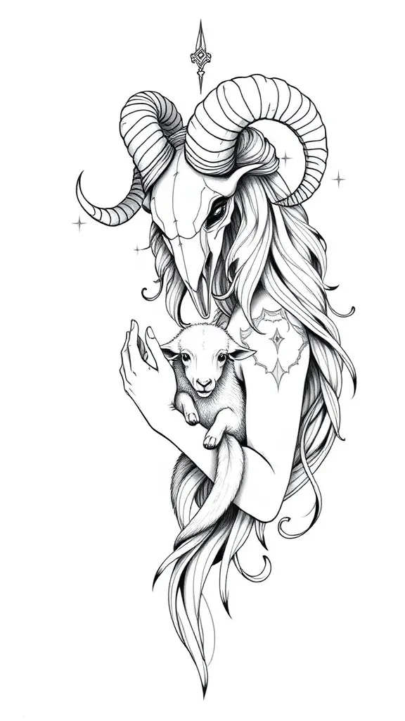 I want a tattoo sleeve for my left arm. The main design should feature a beautiful female figure representing Aries. She could either wear a ram’s skull with horns as a headdress, or have horns growing naturally from her head. The overall theme should emphasize her strength and warrior-like spirit. Additionally, she should be holding a small lamb or a fire creature in her hands, symbolizing her role as a protector of animals and embodying a sense of guardianship and care. tattoo