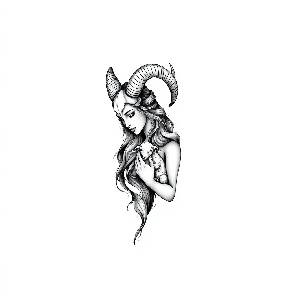 I want a tattoo sleeve for my left arm. The main design should feature a beautiful female figure representing Aries. She could either wear a ram’s skull with horns as a headdress, or have horns growing naturally from her head. The overall theme should emphasize her strength and warrior-like spirit. Additionally, she should be holding a small lamb or a fire creature in her hands, symbolizing her role as a protector of animals and embodying a sense of guardianship and care. A beautiful girl with Aries horns is holding a small lamb in her hands. The tattoo should be designed to cover the entire sleeve. tattoo