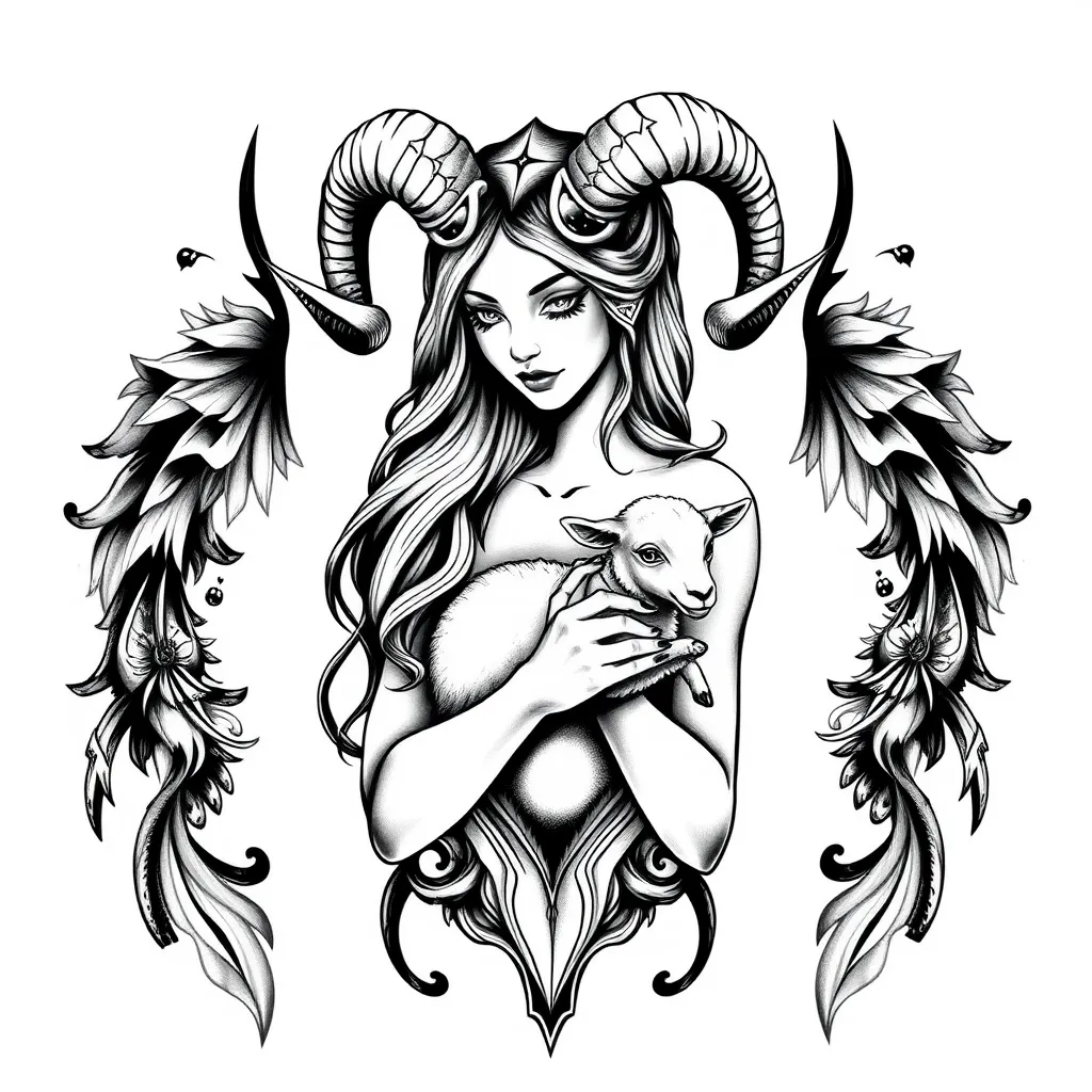  want a tattoo sleeve for my left arm. The main design should feature a beautiful female figure representing Aries. She could either wear a ram’s skull with horns as a headdress, or have horns growing naturally from her head. The overall theme should emphasize her strength and warrior-like spirit. Additionally, she should be holding a small lamb or a fire creature in her hands, symbolizing her role as a protector of animals and embodying a sense of guardianship and care. tattoo