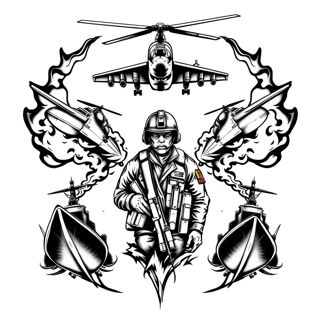 quiero un tatuaje con un soldado en la mitad, que salgan dos buques de guerra por cada lado, que un kefir de combate este volando por encima del soldado, a blanco y negro, perspectiva desde abajo  tattoo