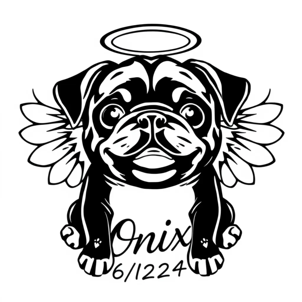 Quiero un tatuaje con estas características.
1. [Un pug negro cachorro sonriente con una ariola de angel arriba de su cabezita]

2. [Una tipografía cursiva que este abajo de el que diga Onix]

3. [Unas alitas de angel atras de el]

4. [Abajo de la tipografía cursiva agregame el "6/12/24"]

5. [Y agregale otros detalles aleatorios pequeños bonitos] τατουάζ