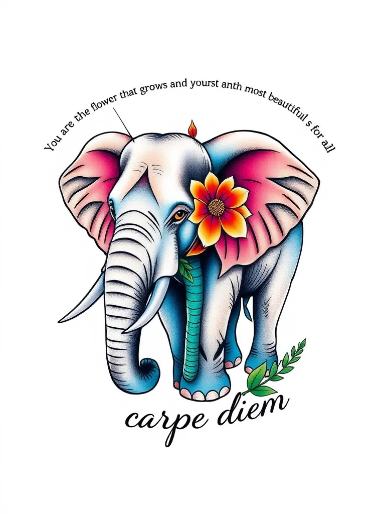 quiero un tatto unico de un elefante a color con la frase  Eres La flor que mas crece en la adversidad , eres la más rára y hermosa de todas  💋

 "" carpe diem "'" tattoo