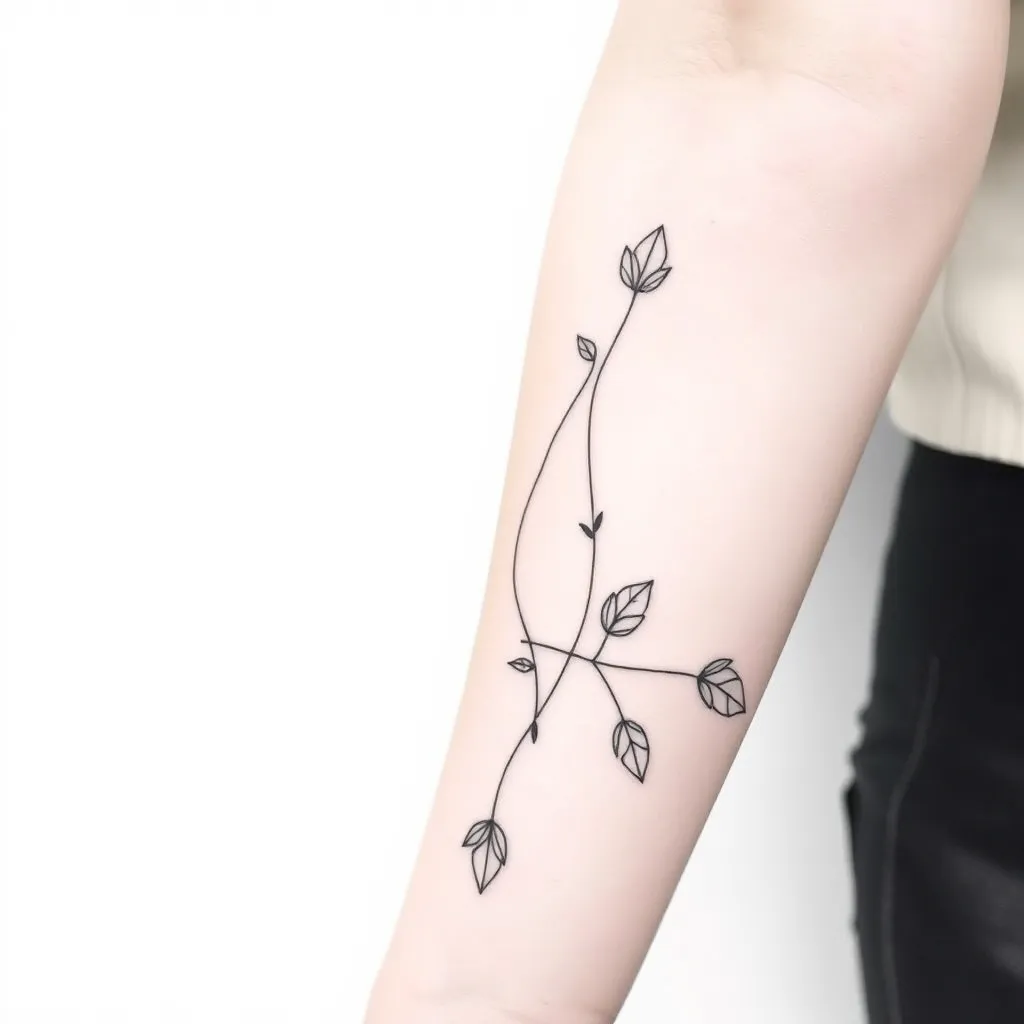 i want multipel srtings who sometimes intertwine with basic fine lines and some leafs on the strings i want it starting at my forearm and ending on my hand, not to much colored in, black and white and not to many leafs 入れ墨