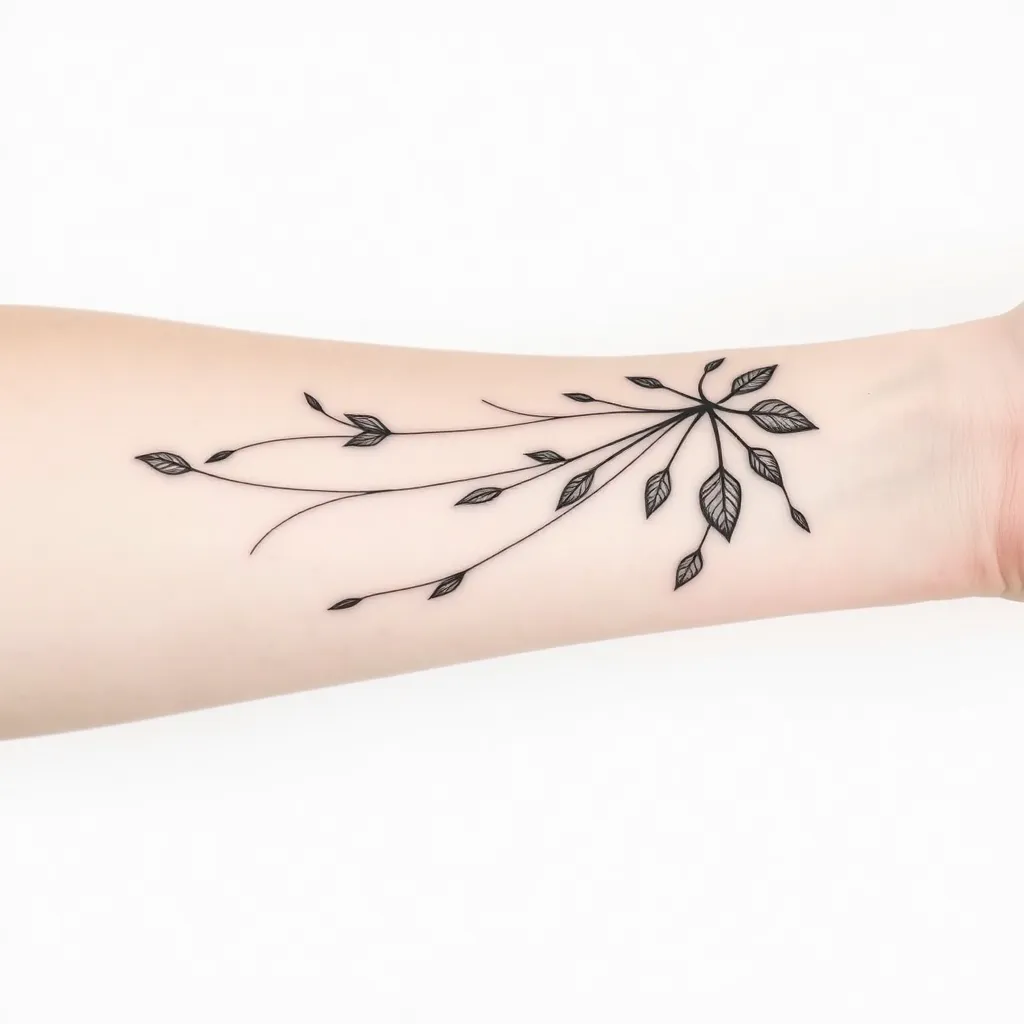 i want multipel srtings who sometimes intertwine with basic fine lines and some leafs on the strings i want it starting at my forearm and ending on my hand, not to much black and not to many leafs 入れ墨