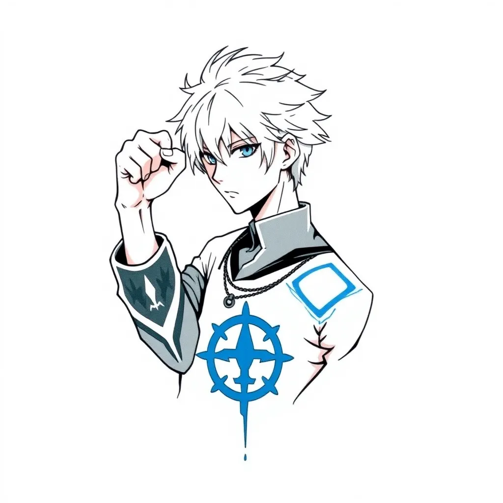 voglio Nagi, personaggio del noto anime "Blue  Lock" con i capelli platinati, con il pugno alzato e il simbolo del blue ,ock sulla mano. vorrei che fosse su sfondo bianco con le linee essenziali. Tätowierung