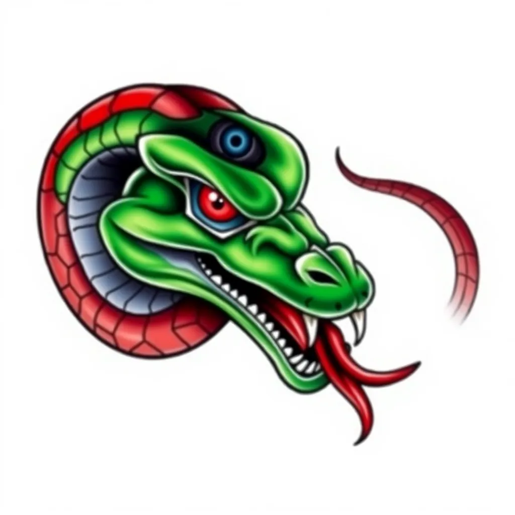 I want the design to be a snake with a scary trunk The body of the snake should be clear Half of his body is green, the other half is red One of his eyes should be blue and the other one should be red There should be an eye in the middle of my head tattoo