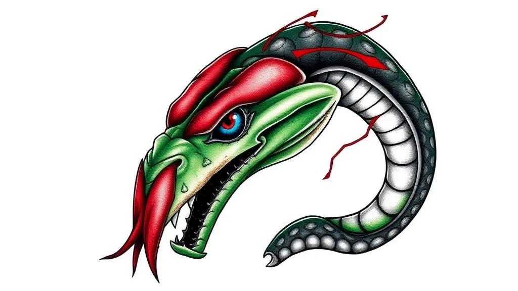 I want the design to be a snake with a scary trunk The body of the snake should be clear Half of his body is green, the other half is red One of his eyes should be blue and the other one be should be red There should be an eye in the middle of my head tattoo