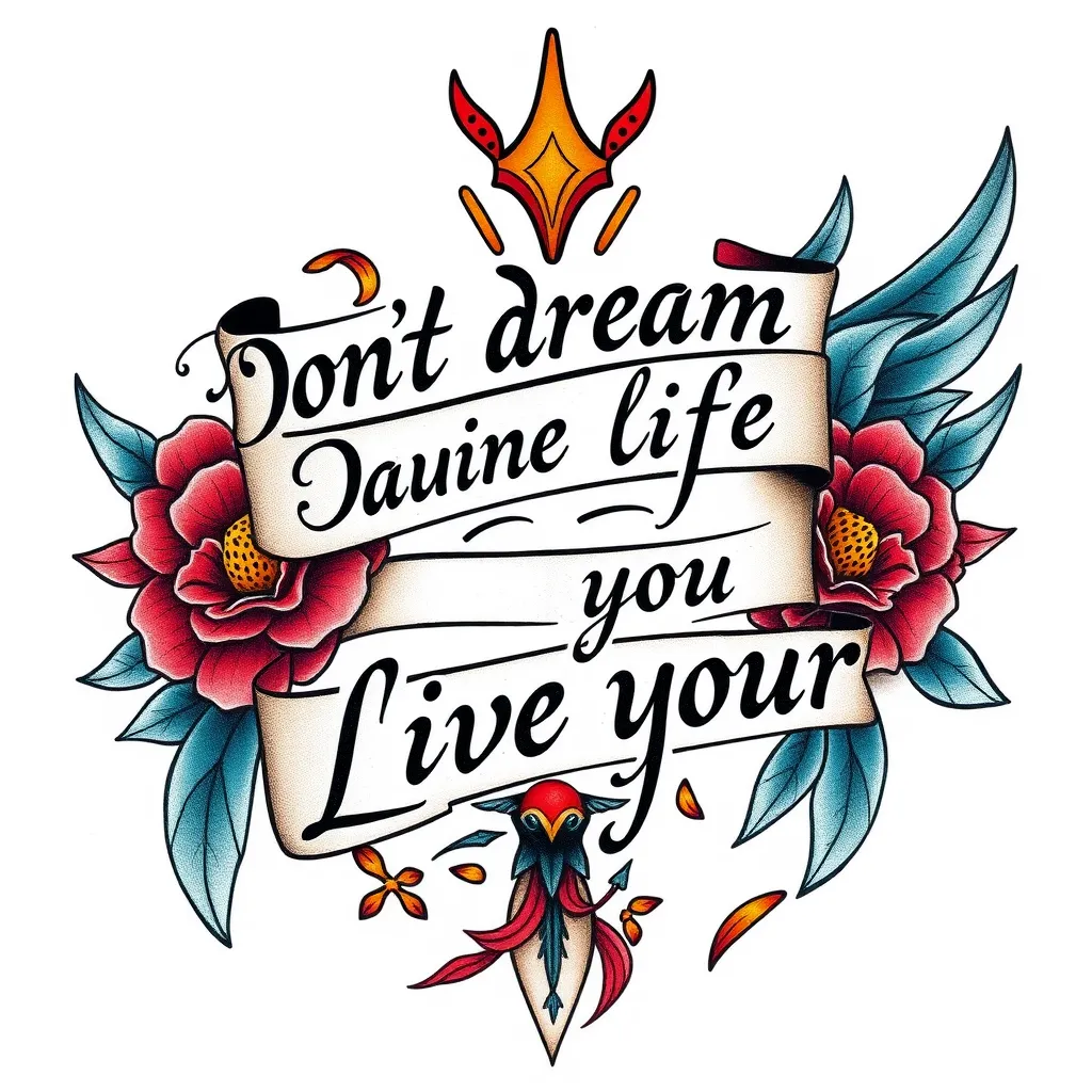 Je voudrais un tatouage d’homme ou c’est écrit : Don’t dream your life Live your dreams. Je veux tu me design ça mais je ne sais pas encore je le veut si c’est sur le cou ou autre  टैटू