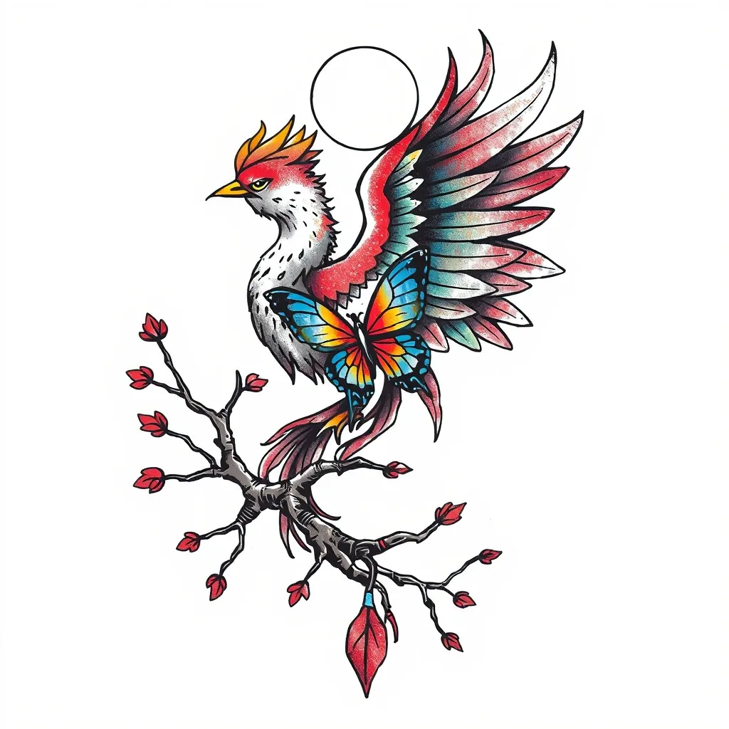 j aimerai un phœnix avec un papillon dedans , un branche brisée qui repousse , le cycle lunaire de l'ombre à la lumière avec une ligne  de vie qui plonge et remonte tetování