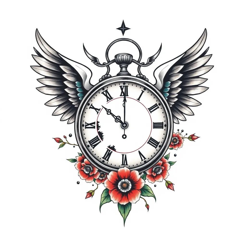 'd like the focal point to be a broken clock. I like the gears in the middle of the clock. Possibly some wings at the top, but subtle, not huge wings. I would like some more fill other than just flowers, but no "tribal" or barbed wire. Possibly adding the Italian wording "Nessuna promessa di domani" somewhere. Going for a masculine tone/style. tatuagem