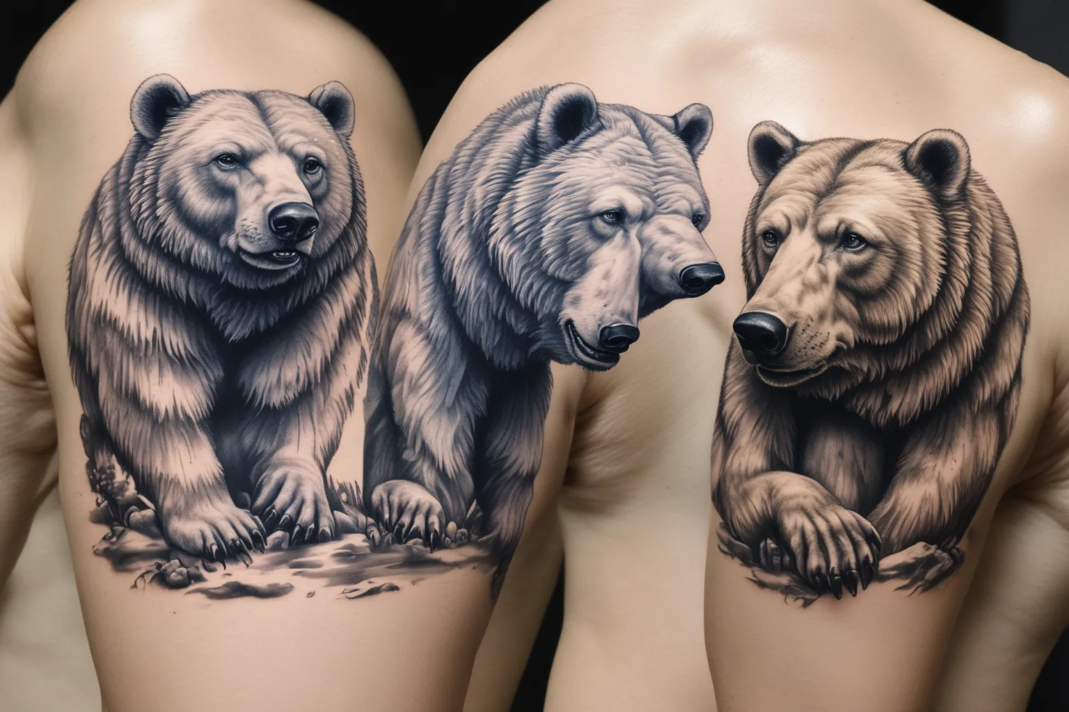 Gostaria que criasse dois irmãos ursos, um urso polar de olho azul e um outro grande urso pardo, um ao lado do outro, na região do braço tatouage