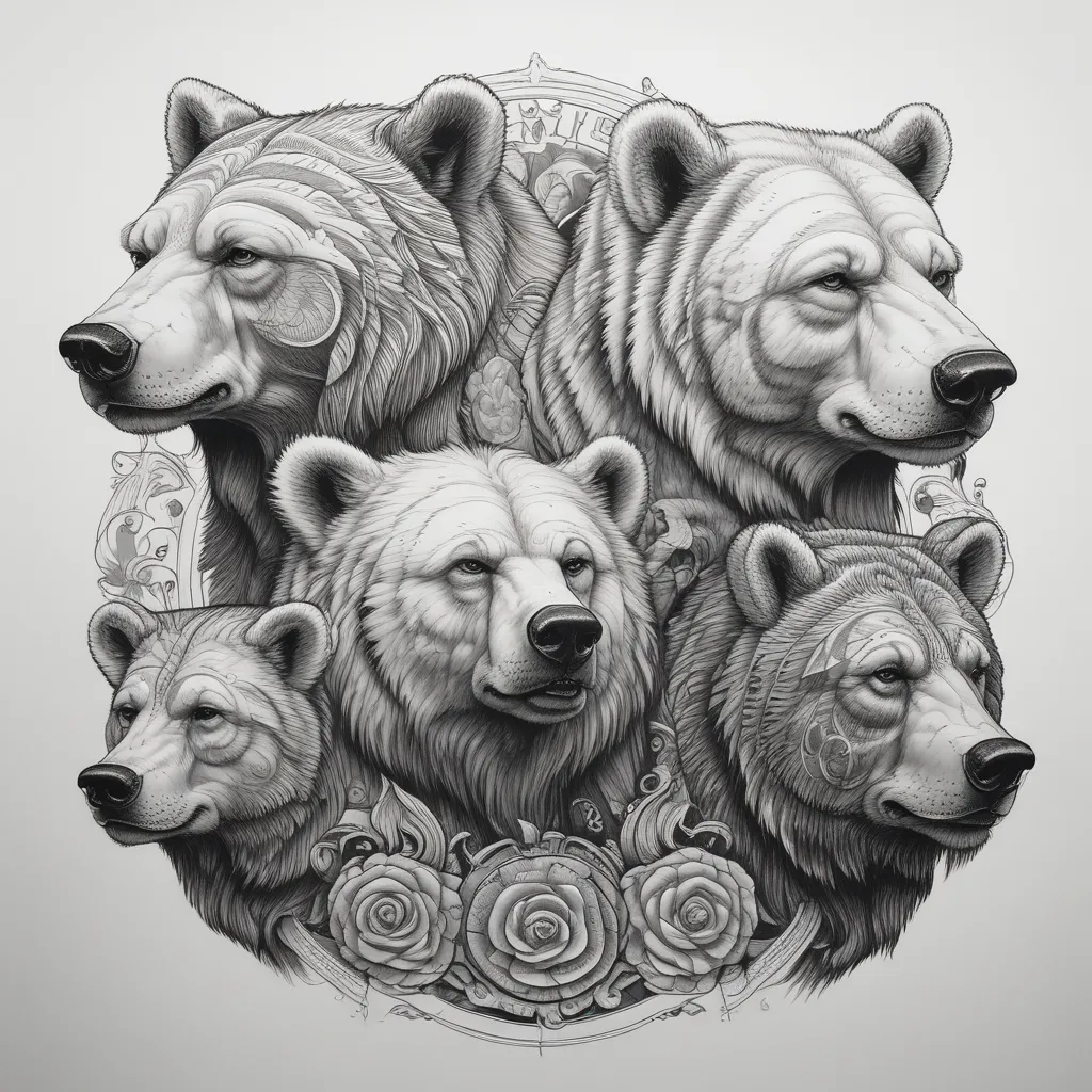 Gostaria que criasse dois irmãos ursos, um urso polar de olho azul e um outro grande urso pardo, um ao lado do outro, na região do braço tattoo