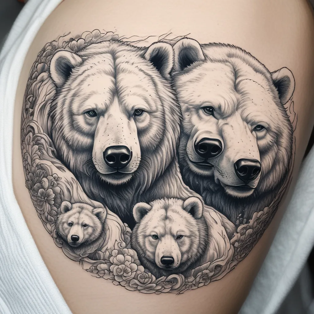 Gostaria que criasse dois irmãos ursos, um urso polar de olho azul e um outro grande urso pardo, um ao lado do outro, na região do braço tatuagem