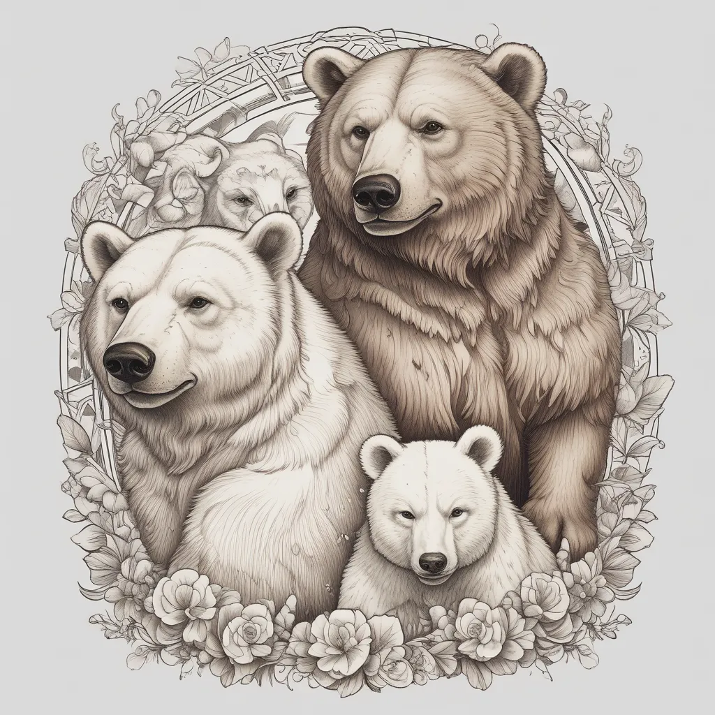 Gostaria que criasse dois irmãos ursos, um urso polar de olho azul e um outro grande urso pardo, um ao lado do outro, na região do braço tattoo