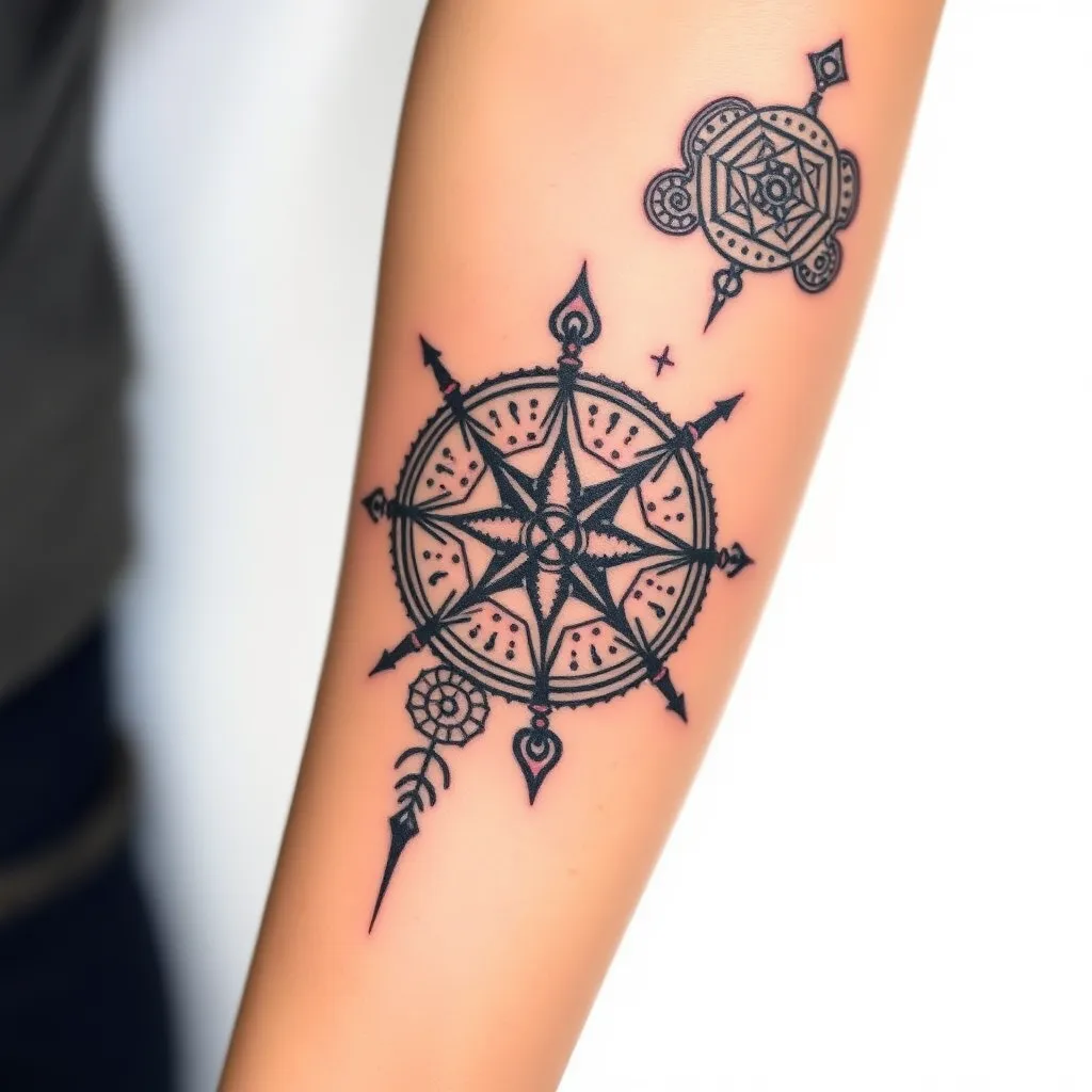 je voudrais que tu me créer un petit tatouage a mettre sur avant bras un mélange entre le vegvisir(bousole vicking) , les motif aborigène ( les dessins fait avec des point) représentant le monde du rêve et les alvéole d'une ruche d'abeille  문신