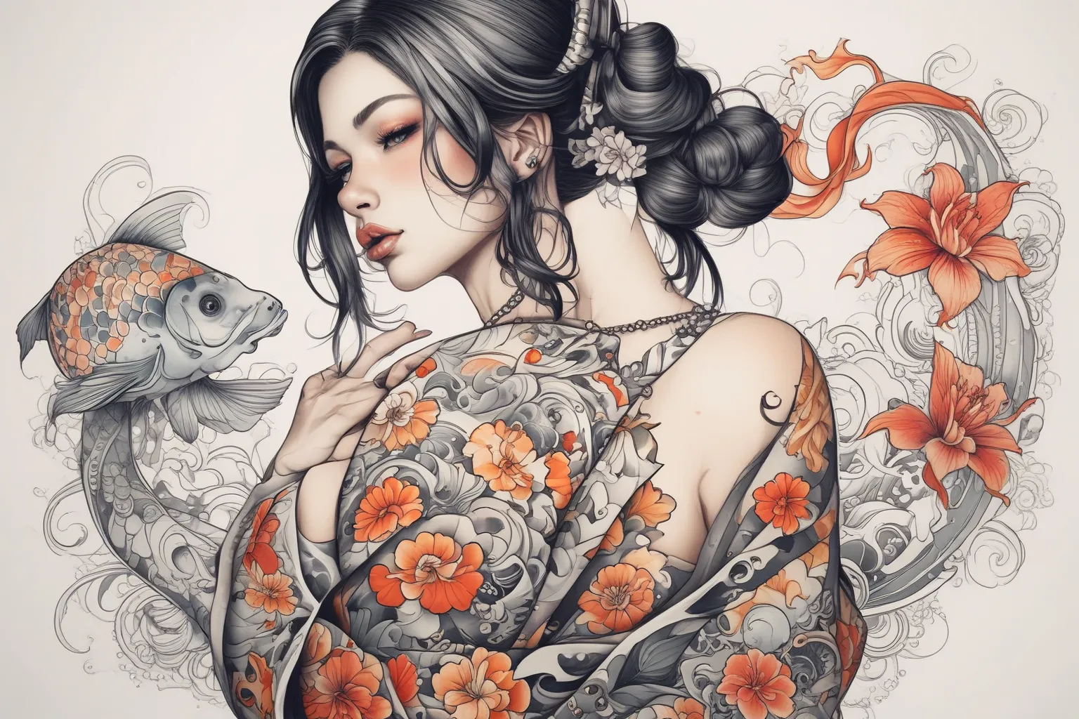 Idea de tatuaje en estilo Neo-tradicional a beautiful woman with a voluptuous body wearing a koi fish kimono
 tatuaż