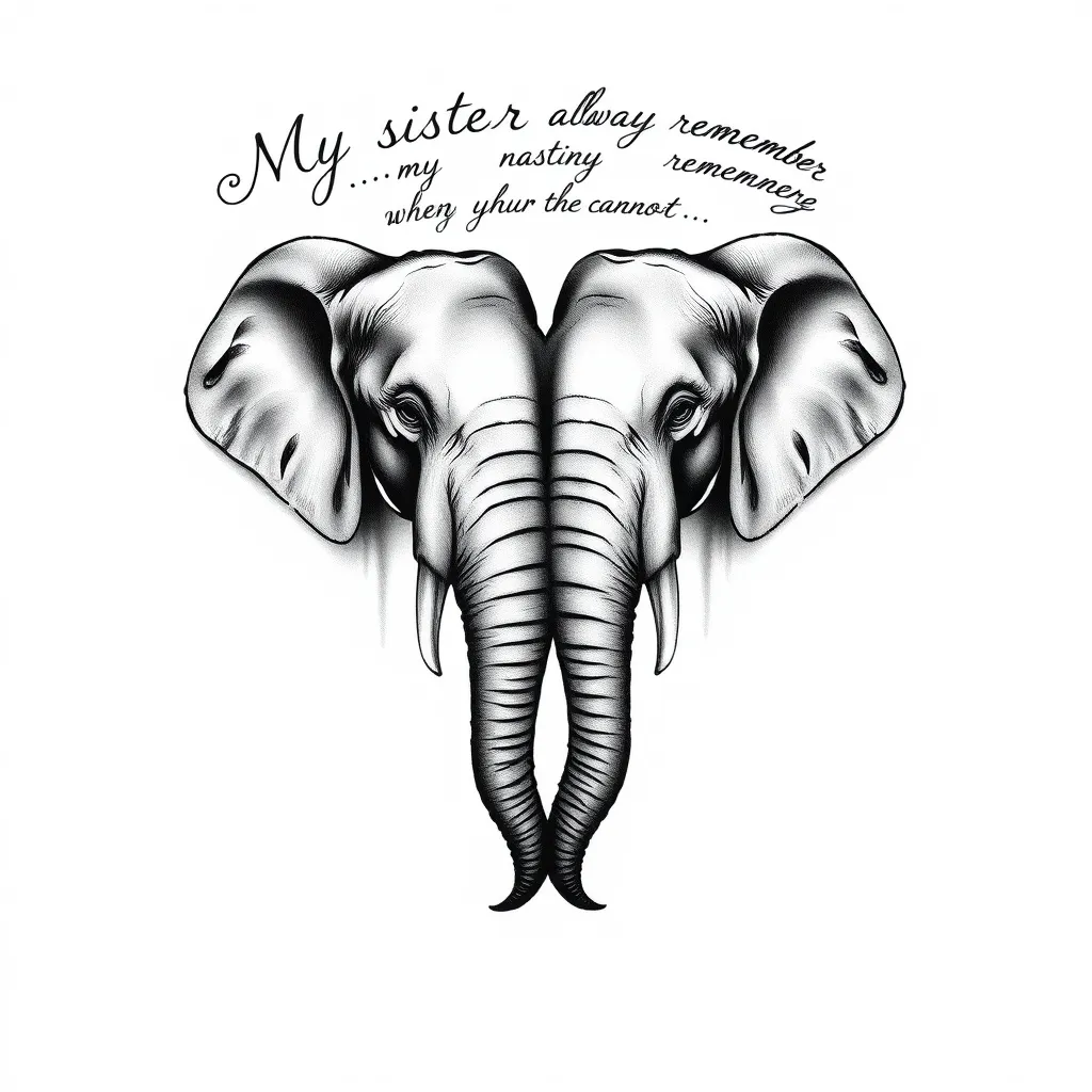 Image description: A realistic, heart-shaped design featuring two elephant heads. The trunks are intertwined, and the quote "My sister always remember my heart holds you when my arms can not" is placed in a curved line above the design. The design is shaded to create depth and dimension, and the font is elegant and cursive.] τατουάζ